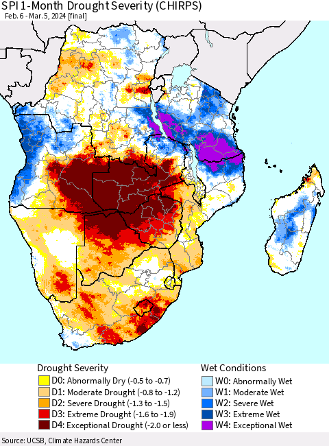 Southern Africa SPI 1-Month Drought Severity (CHIRPS) Thematic Map For 2/6/2024 - 3/5/2024