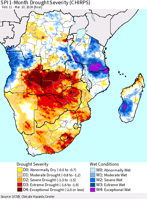 Southern Africa SPI 1-Month Drought Severity (CHIRPS) Thematic Map For 2/11/2024 - 3/10/2024