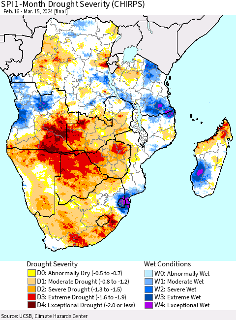 Southern Africa SPI 1-Month Drought Severity (CHIRPS) Thematic Map For 2/16/2024 - 3/15/2024