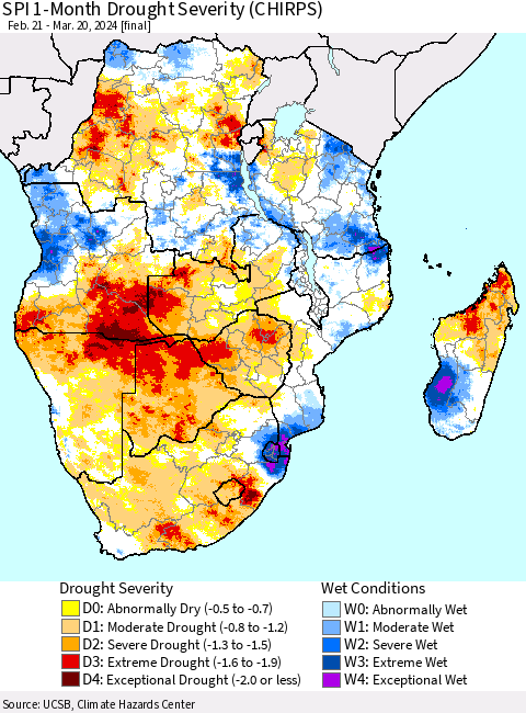 Southern Africa SPI 1-Month Drought Severity (CHIRPS) Thematic Map For 2/21/2024 - 3/20/2024
