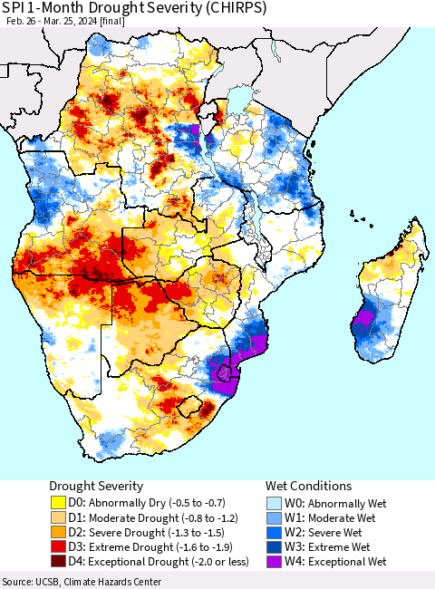 Southern Africa SPI 1-Month Drought Severity (CHIRPS) Thematic Map For 2/26/2024 - 3/25/2024