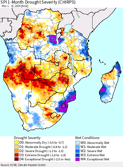 Southern Africa SPI 1-Month Drought Severity (CHIRPS) Thematic Map For 3/1/2024 - 3/31/2024