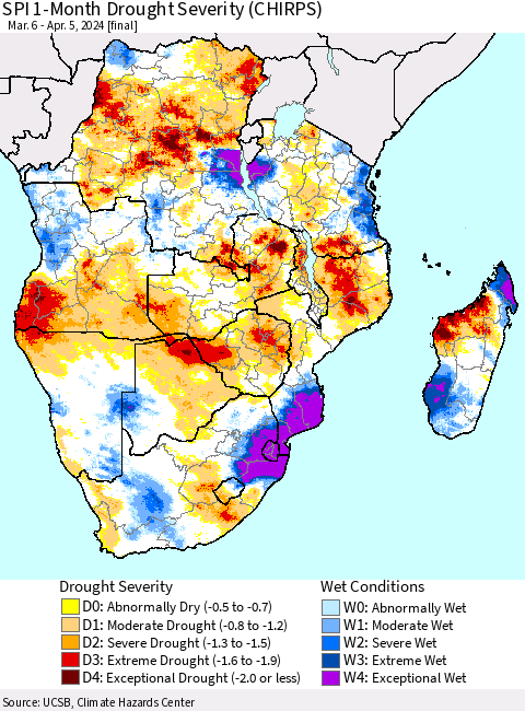 Southern Africa SPI 1-Month Drought Severity (CHIRPS) Thematic Map For 3/6/2024 - 4/5/2024