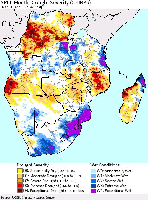 Southern Africa SPI 1-Month Drought Severity (CHIRPS) Thematic Map For 3/11/2024 - 4/10/2024