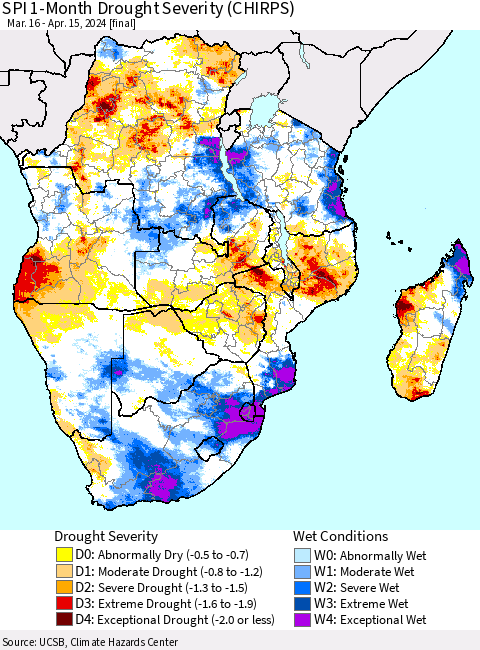 Southern Africa SPI 1-Month Drought Severity (CHIRPS) Thematic Map For 3/16/2024 - 4/15/2024