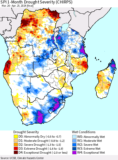 Southern Africa SPI 1-Month Drought Severity (CHIRPS) Thematic Map For 3/26/2024 - 4/25/2024