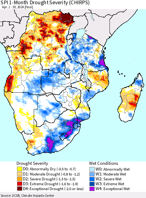 Southern Africa SPI 1-Month Drought Severity (CHIRPS) Thematic Map For 4/1/2024 - 4/30/2024