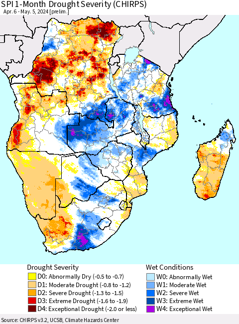 Southern Africa SPI 1-Month Drought Severity (CHIRPS) Thematic Map For 4/6/2024 - 5/5/2024