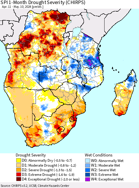 Southern Africa SPI 1-Month Drought Severity (CHIRPS) Thematic Map For 4/11/2024 - 5/10/2024