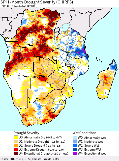 Southern Africa SPI 1-Month Drought Severity (CHIRPS) Thematic Map For 4/16/2024 - 5/15/2024
