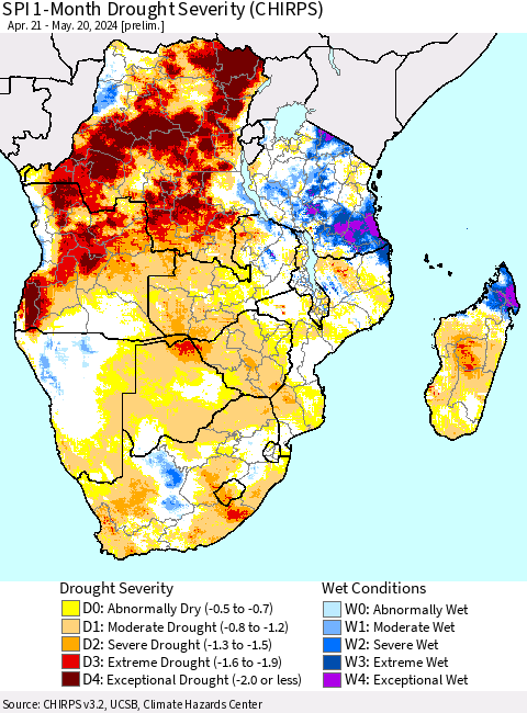Southern Africa SPI 1-Month Drought Severity (CHIRPS) Thematic Map For 4/21/2024 - 5/20/2024