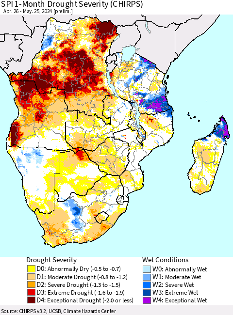 Southern Africa SPI 1-Month Drought Severity (CHIRPS) Thematic Map For 4/26/2024 - 5/25/2024