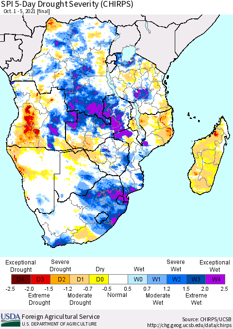 Southern Africa SPI 5-Day Drought Severity (CHIRPS) Thematic Map For 10/1/2021 - 10/5/2021