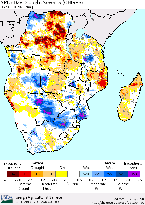 Southern Africa SPI 5-Day Drought Severity (CHIRPS) Thematic Map For 10/6/2021 - 10/10/2021