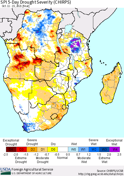 Southern Africa SPI 5-Day Drought Severity (CHIRPS) Thematic Map For 10/11/2021 - 10/15/2021