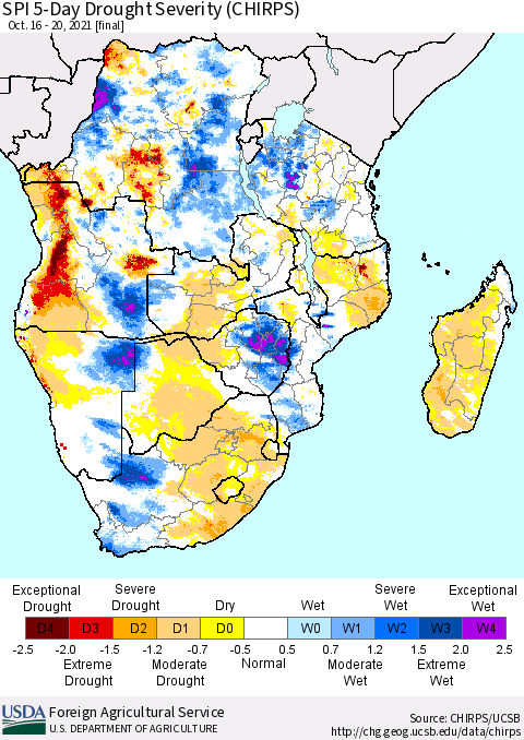 Southern Africa SPI 5-Day Drought Severity (CHIRPS) Thematic Map For 10/16/2021 - 10/20/2021