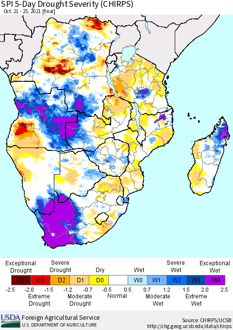 Southern Africa SPI 5-Day Drought Severity (CHIRPS) Thematic Map For 10/21/2021 - 10/25/2021