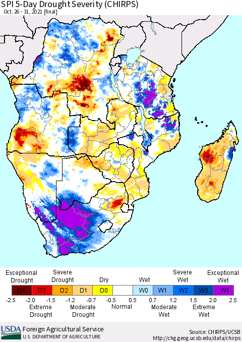 Southern Africa SPI 5-Day Drought Severity (CHIRPS) Thematic Map For 10/26/2021 - 10/31/2021