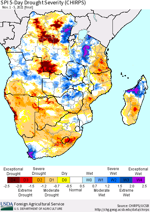Southern Africa SPI 5-Day Drought Severity (CHIRPS) Thematic Map For 11/1/2021 - 11/5/2021
