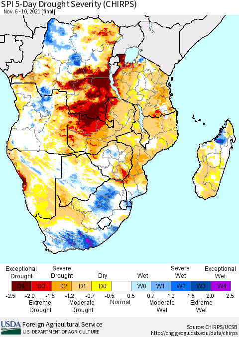 Southern Africa SPI 5-Day Drought Severity (CHIRPS) Thematic Map For 11/6/2021 - 11/10/2021