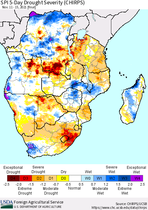 Southern Africa SPI 5-Day Drought Severity (CHIRPS) Thematic Map For 11/11/2021 - 11/15/2021