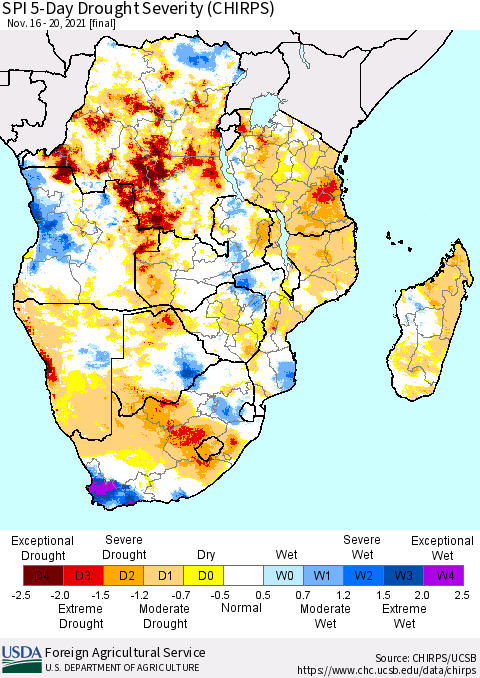 Southern Africa SPI 5-Day Drought Severity (CHIRPS) Thematic Map For 11/16/2021 - 11/20/2021