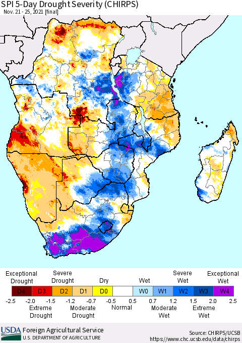 Southern Africa SPI 5-Day Drought Severity (CHIRPS) Thematic Map For 11/21/2021 - 11/25/2021