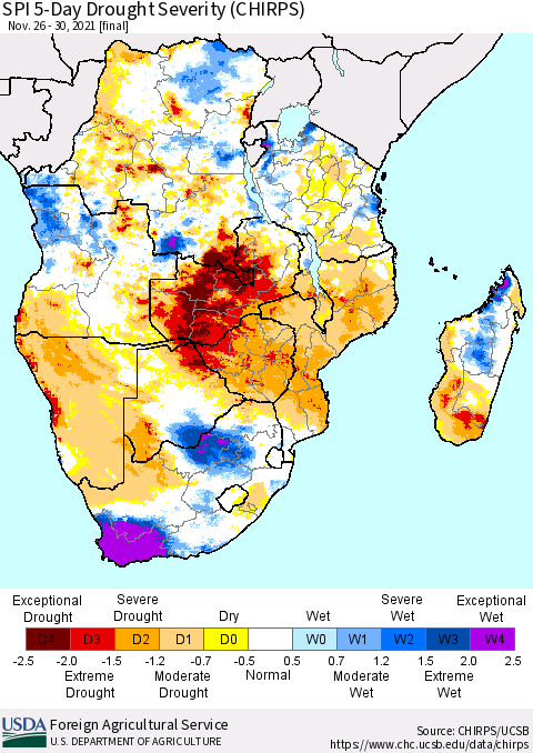Southern Africa SPI 5-Day Drought Severity (CHIRPS) Thematic Map For 11/26/2021 - 11/30/2021