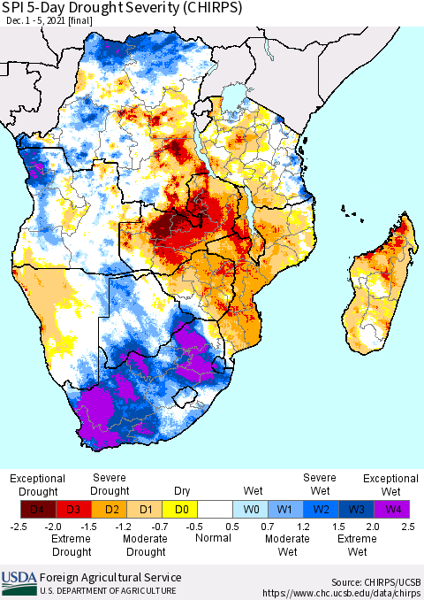 Southern Africa SPI 5-Day Drought Severity (CHIRPS) Thematic Map For 12/1/2021 - 12/5/2021