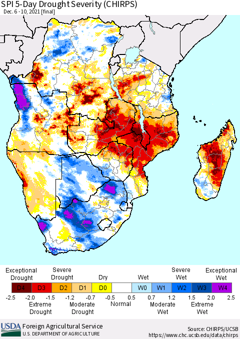 Southern Africa SPI 5-Day Drought Severity (CHIRPS) Thematic Map For 12/6/2021 - 12/10/2021