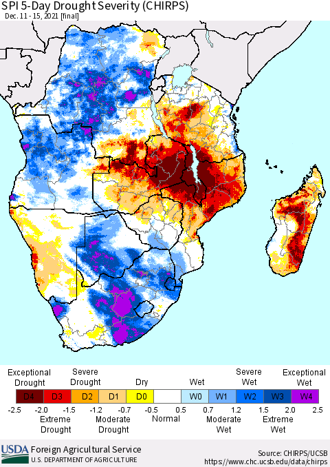 Southern Africa SPI 5-Day Drought Severity (CHIRPS) Thematic Map For 12/11/2021 - 12/15/2021