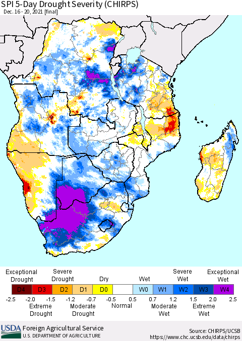 Southern Africa SPI 5-Day Drought Severity (CHIRPS) Thematic Map For 12/16/2021 - 12/20/2021