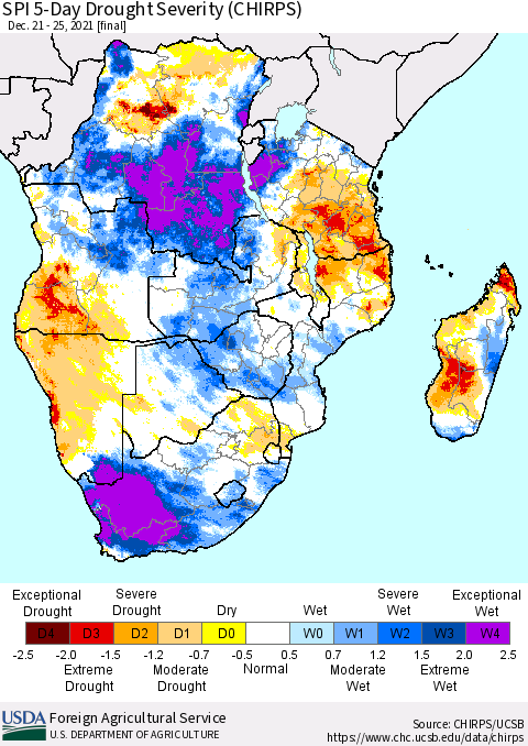 Southern Africa SPI 5-Day Drought Severity (CHIRPS) Thematic Map For 12/21/2021 - 12/25/2021
