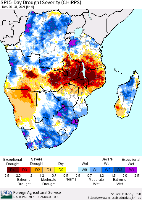 Southern Africa SPI 5-Day Drought Severity (CHIRPS) Thematic Map For 12/26/2021 - 12/31/2021