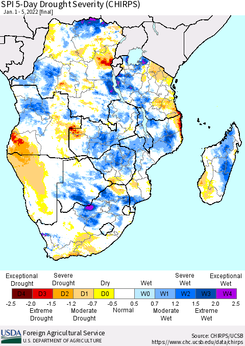 Southern Africa SPI 5-Day Drought Severity (CHIRPS) Thematic Map For 1/1/2022 - 1/5/2022