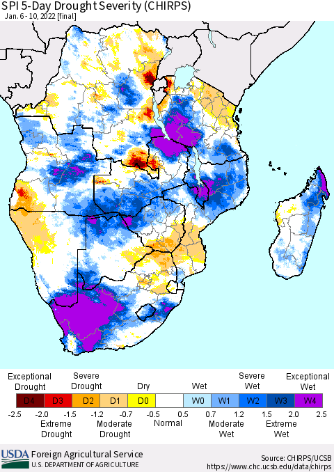 Southern Africa SPI 5-Day Drought Severity (CHIRPS) Thematic Map For 1/6/2022 - 1/10/2022