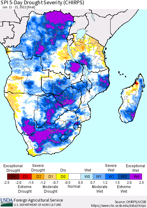 Southern Africa SPI 5-Day Drought Severity (CHIRPS) Thematic Map For 1/11/2022 - 1/15/2022