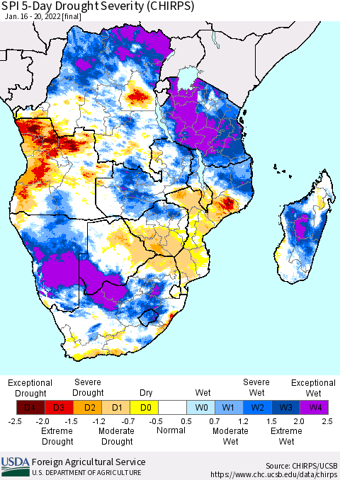 Southern Africa SPI 5-Day Drought Severity (CHIRPS) Thematic Map For 1/16/2022 - 1/20/2022