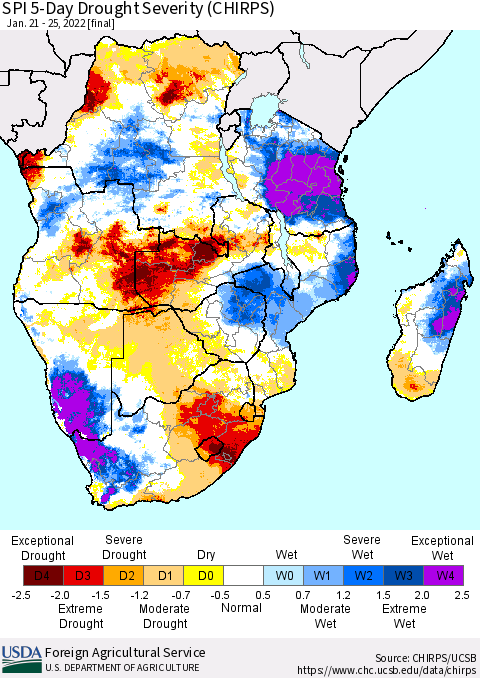 Southern Africa SPI 5-Day Drought Severity (CHIRPS) Thematic Map For 1/21/2022 - 1/25/2022