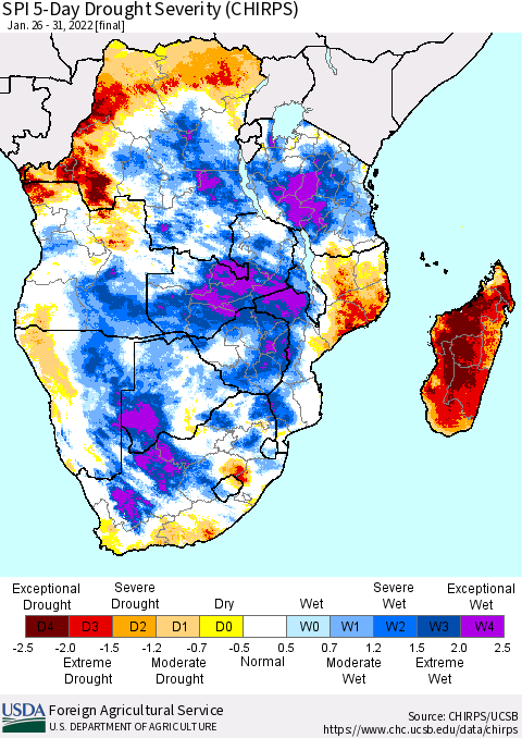 Southern Africa SPI 5-Day Drought Severity (CHIRPS) Thematic Map For 1/26/2022 - 1/31/2022
