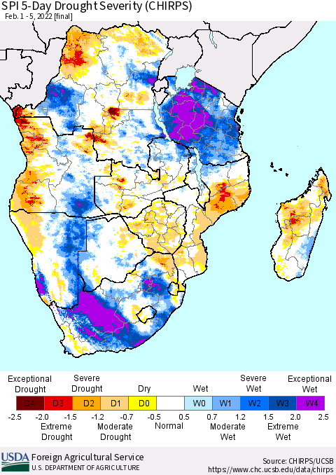 Southern Africa SPI 5-Day Drought Severity (CHIRPS) Thematic Map For 2/1/2022 - 2/5/2022