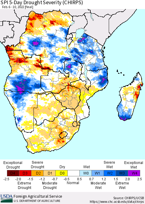Southern Africa SPI 5-Day Drought Severity (CHIRPS) Thematic Map For 2/6/2022 - 2/10/2022