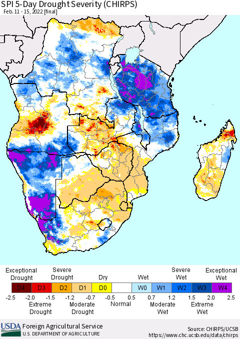 Southern Africa SPI 5-Day Drought Severity (CHIRPS) Thematic Map For 2/11/2022 - 2/15/2022