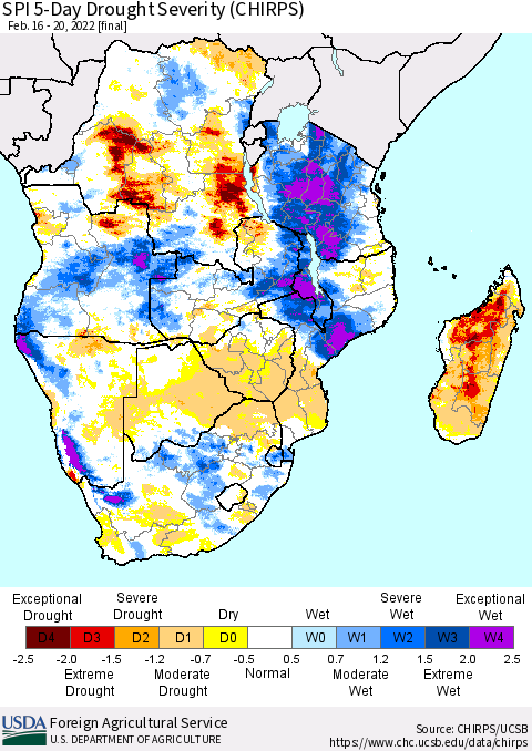 Southern Africa SPI 5-Day Drought Severity (CHIRPS) Thematic Map For 2/16/2022 - 2/20/2022