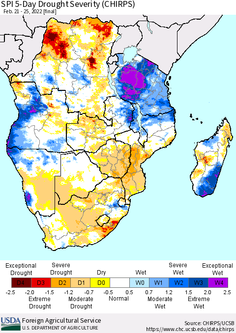 Southern Africa SPI 5-Day Drought Severity (CHIRPS) Thematic Map For 2/21/2022 - 2/25/2022