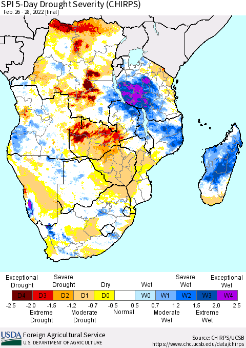 Southern Africa SPI 5-Day Drought Severity (CHIRPS) Thematic Map For 2/26/2022 - 2/28/2022