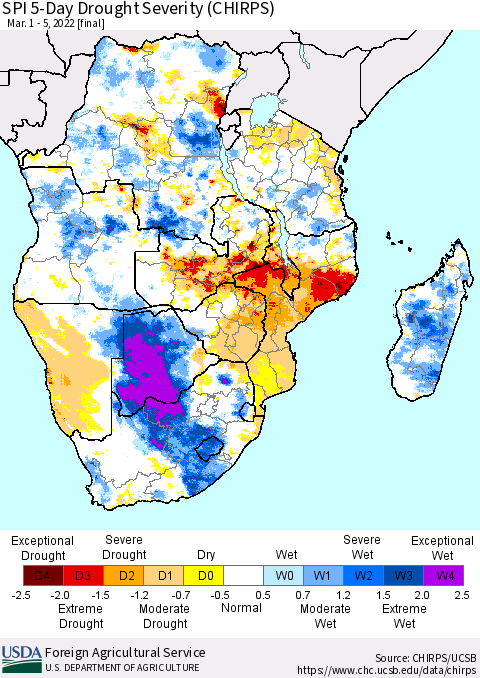 Southern Africa SPI 5-Day Drought Severity (CHIRPS) Thematic Map For 3/1/2022 - 3/5/2022