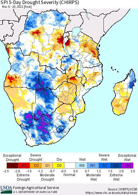 Southern Africa SPI 5-Day Drought Severity (CHIRPS) Thematic Map For 3/6/2022 - 3/10/2022