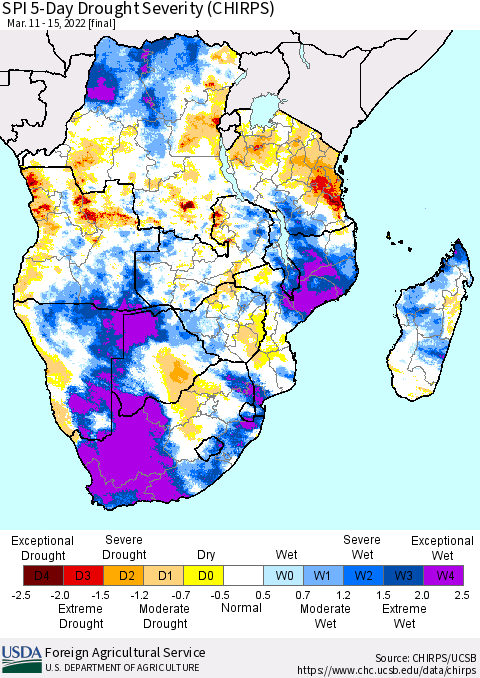 Southern Africa SPI 5-Day Drought Severity (CHIRPS) Thematic Map For 3/11/2022 - 3/15/2022
