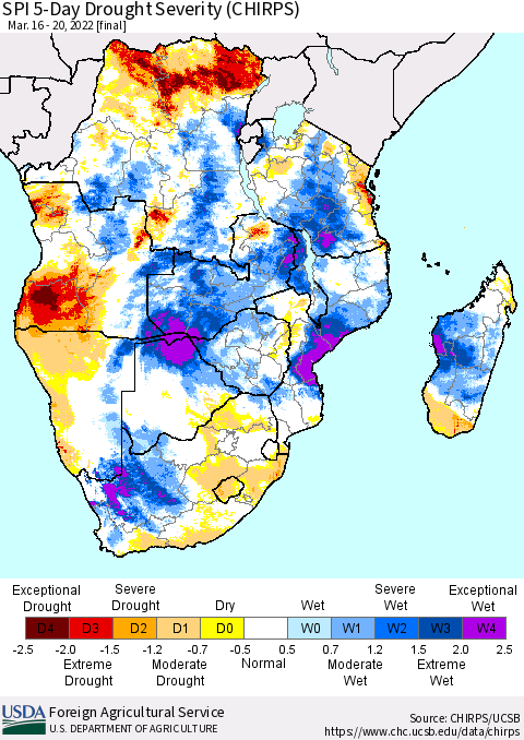 Southern Africa SPI 5-Day Drought Severity (CHIRPS) Thematic Map For 3/16/2022 - 3/20/2022